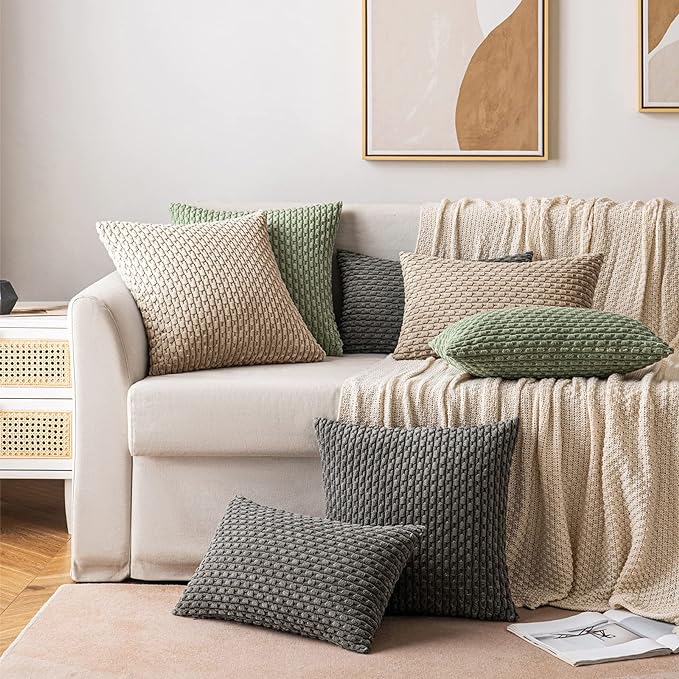 MIULEE Throw Pillow Covers Soft Corduroy Decorative Set of 2 Boho Striped Pillow Covers Pillowcases Farmhouse Home Decor for Couch Bed Sofa Living Room 16x16 Inch Tan