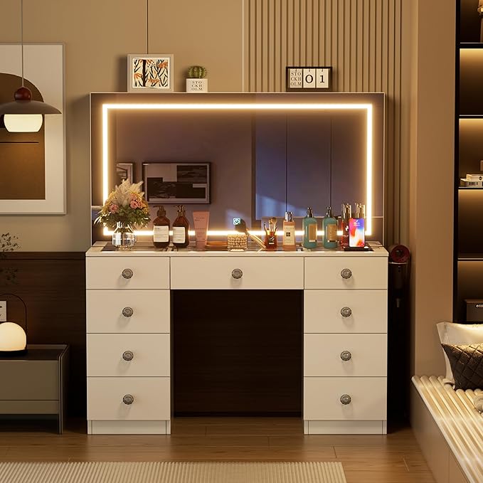 Makeup Vanity Desk with Large Mirror and Lights,White Vanity Table with Glass Top,9 Drawers,3 Color Modes,Sliding 2 Wall Mounted Jewelry Storage Racks,Suitable for Bedroom Ladies and Girls