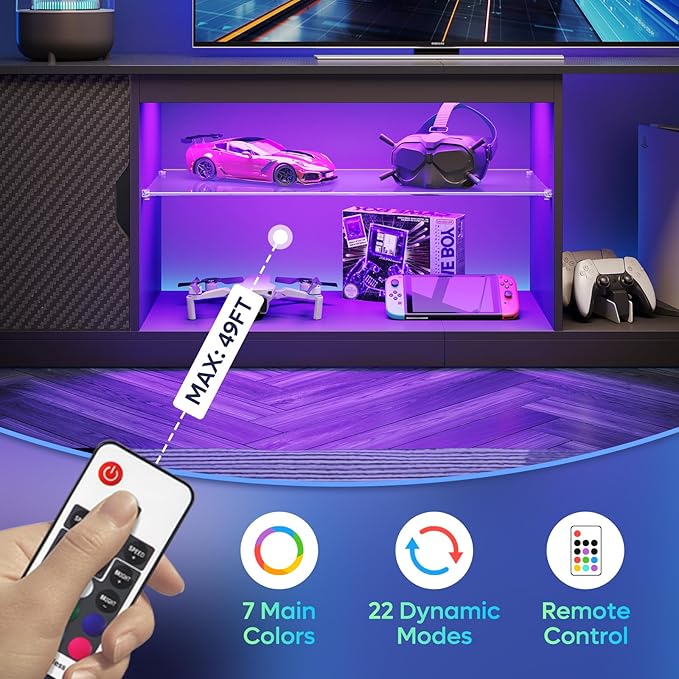 Bestier LED TV Stand for 65/75/80 inch TV, Gaming Entertainment Center with Adjustable Glass Shelf & Storage Cabinet for PS5 Xbox, Modern TV Console Table for Living Room Bedroom, Black Carbon Fiber