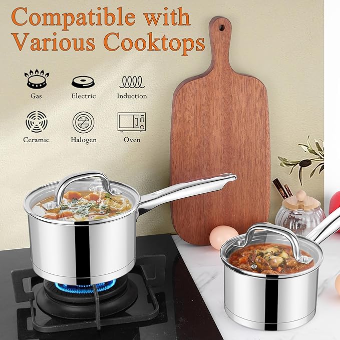 LIANYU Sauce Pan Set with Lid, 1 QT & 2 QT Stainless Steel Saucepan Pot Set, Tri-Ply Bottom Small Pot for Kitchen Cooking, Dishwasher Safe, Compatible with All Cooktops