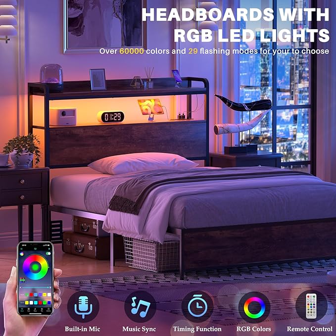 Aheaplus Headboard for Twin Size Bed Frame, Headboards with Outlets, USB Ports and LED Light, Head Board with Storage, Height Adjustable, Sturdy and Stable Headboard, Twin Size, Rustic Brown