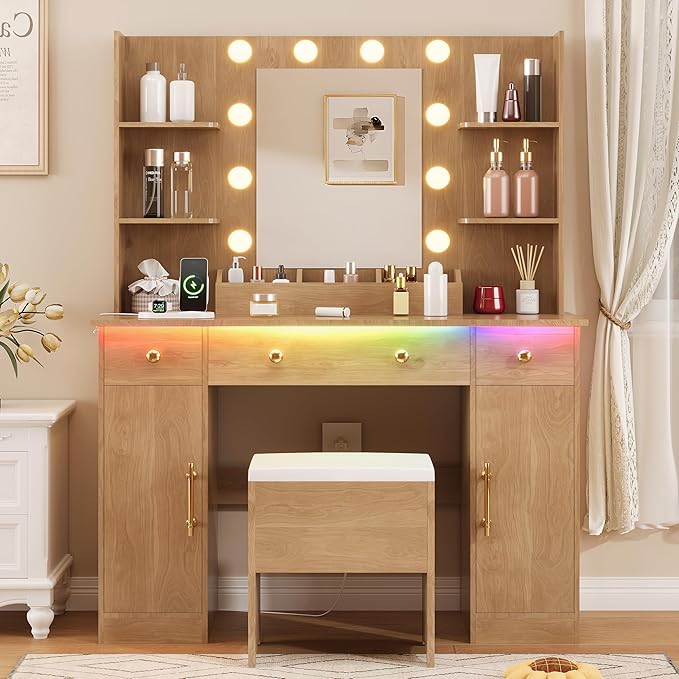 Vanity Desk with Mirror and Lights, Wood Makeup Vanity with Charging Station & Stool, 3 Drawers and Cabinets, Farmhouse Vanity Mirror with RGB LED Lights Makeup Desk and Chair for Women