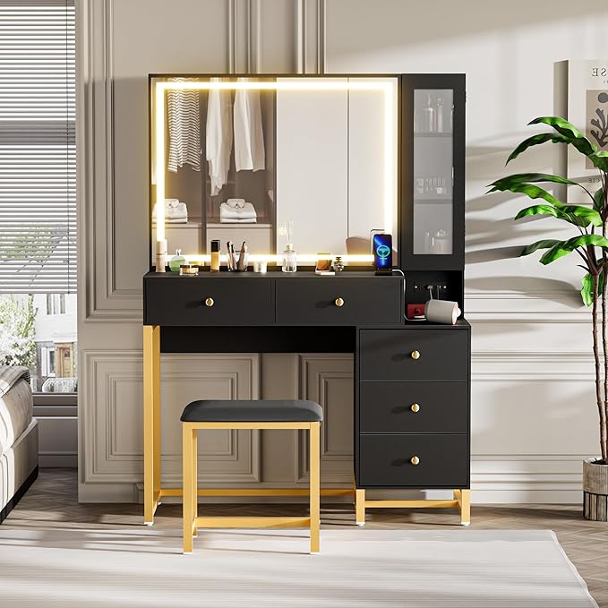 Black Vanity Desk with Mirror and Lights, Makeup Table with Socket Dressing Table Set with Stool, 5 Drawers, Storage Cabinet and Hidden Storage Compartment for Bedroom Dressing Room