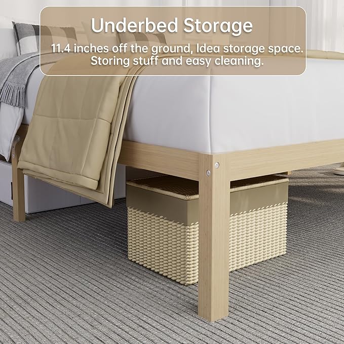 14 Inch Bamboo Bed Frame – Queen Size Solid Wood Platform Bed Frame, Strong and Stable, with Non-Slip Slats for Support, No Box Spring Needed, Easy to Assemble, Noise-Free (Natural, Queen)