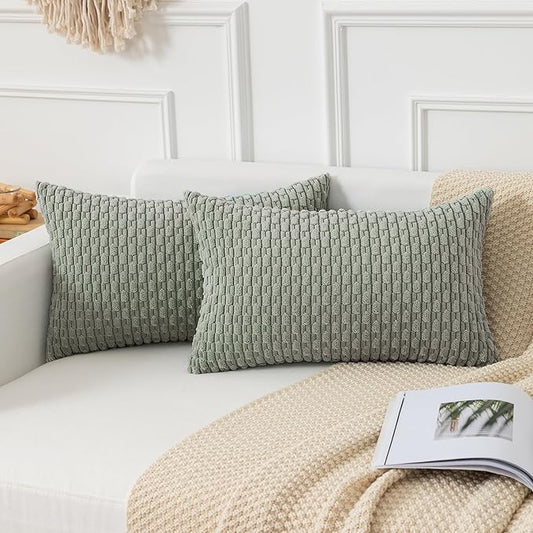 Kevin Textile Throw Pillow Covers Soft Corduroy Decorative Set of 2 Boho Striped Pillow Covers Pillowcases Farmhouse Home Decor for Couch Bed Sofa Living Room 12x20 Inch Greyish Green
