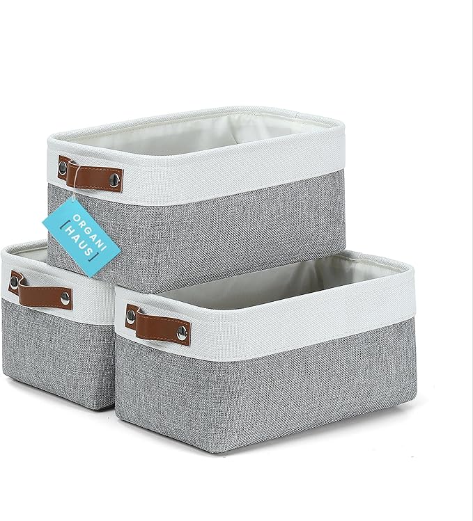 OrganiHaus Small Fabric Storage Bins for Shelves 3 Pack, 12x8in Closet Storage Bins for Shelves, Cloth Baskets for Organizing, Linen Closet Organizers, Fabric Basket, Shelf Organizer Bins Gray/White