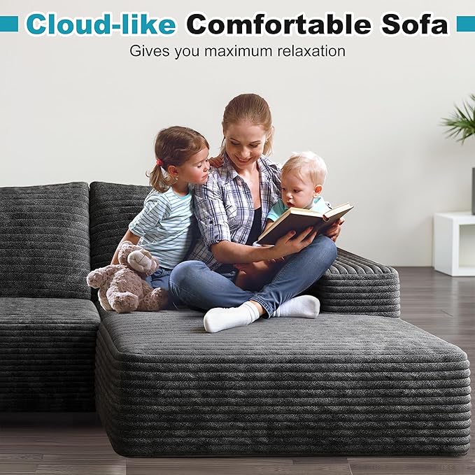 Sectional Couches for Living Room 112" L-Shape Cloud Couch Modern Modular Sectional Sofa Bad, Boneless Couch with Right Deep Seat, No Assembly Required (Plush Corduroy Fabric, Black)