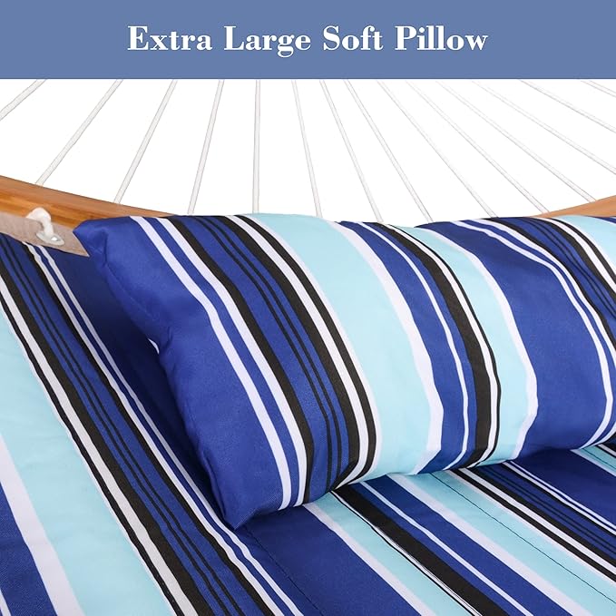 SUNCREAT Portable Hammock with Carrying Bag, 2 Person Hammock with Curved Spreader Bar, Blue Stripes