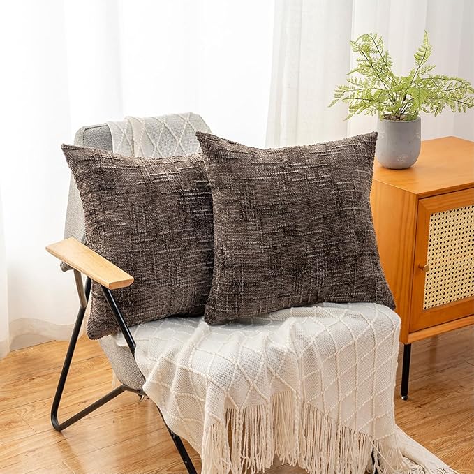 Decorative Throw Pillow Covers 16x16 Inch Set of 2, Soft Solid Farmhouse Chenille Couch Pillows, Spring Pillow Covers for Couch Sofa Bed Living Room Home Decor Pillowcase, Brown