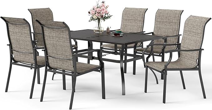 7 Piece Patio Dining Sets for 6, Outdoor Table and Chairs Set with Patio Dining Table(1.61-2" Hole) and 6 High Back Textilene Patio Dining Chairs, Outdoor Dining Sets for Deck Backyard