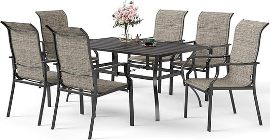 7 Piece Patio Dining Sets for 6, Outdoor Table and Chairs Set with Patio Dining Table(1.61-2" Hole) and 6 High Back Textilene Patio Dining Chairs, Outdoor Dining Sets for Deck Backyard