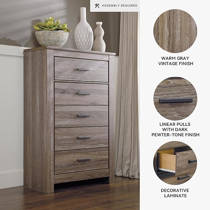 Signature Design by Ashley Zelen Rustic Contemporary 5 Drawer Chest of Drawers, Warm Gray