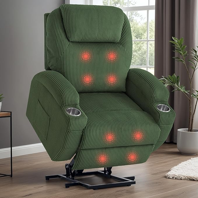 VICTONE Electric Power Lift Recliner Chair for Elderly Reclining Sofa for Living Room with Massage, Side Pockets and Cup Holders (Corduroy, Green)