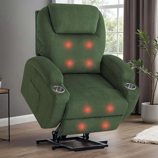 VICTONE Electric Power Lift Recliner Chair for Elderly Reclining Sofa for Living Room with Massage, Side Pockets and Cup Holders (Corduroy, Green)