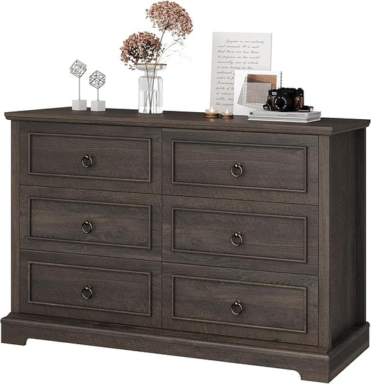 HOSTACK 6 Drawer Dresser for Bedroom, Modern Farmhouse Chest of Drawers for Bedroom, 47.2" Wide Wooden Double Dresser, Dark Wood Storage Cabinet for Living Room, Entryway, Hallway, Dark Brown