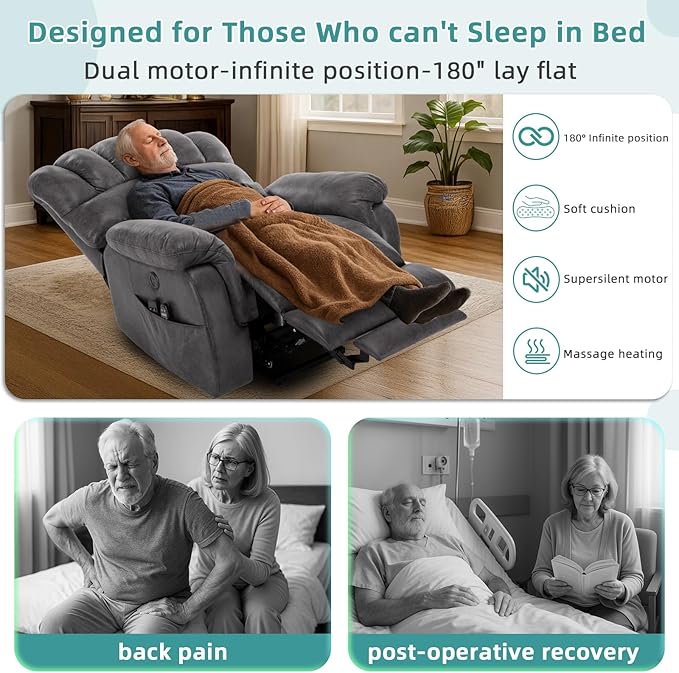 MEETWARM Oversized Dual Motor Power Lift Chair with Extended Footrest for Big Tall Elderly, Infinite Position Lay Flat Sleeper Electric Recliner, Heat Massage, Lumbar Pillow, USB & Type-C Ports, Gray