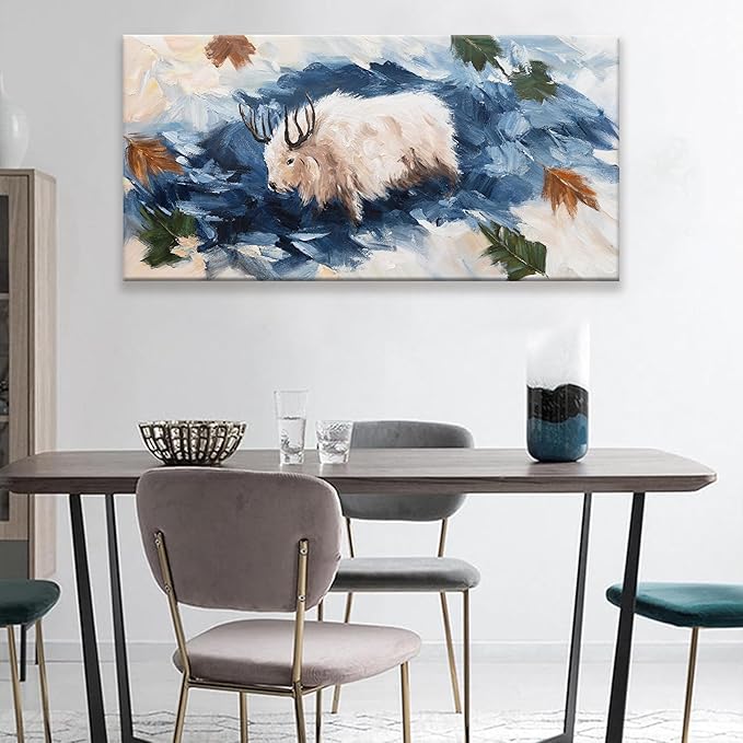 Tsomzxng Canvas Wall Art Decor White Cow Dark Blue Poster Gothic Animal Abstract Wall Decor Prints Wildlife Animal Abstract Artwork Pictures Painting Picture For Bedroom Living Room Office 24x48 Inch