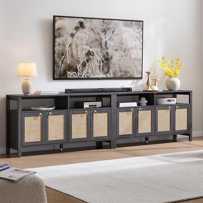 SICOTAS Rattan TV Stand for Television up to 120 Inch - Large Entertainment Center with Storage and Open Shelves, Boho Media TV Console Cabinet with Doors and Adjustable Shelf for Living Room