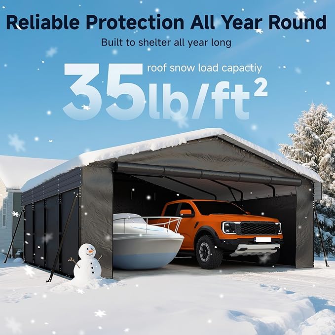 20 x 20FT Heavy Duty Metal Carport, Outdoor Carport with Galvanized Steel Frame and Roof, Multi-Use Car Shelter with Removable Sidewalls for 2 Cars, Pickup, Tractors, Gray