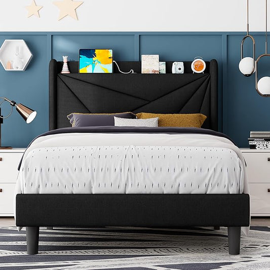 Feonase Twin Size Bed Frame with Charging Station, Upholstered Linen Platform Bed Frame with Wingback Headboard, Solid Wood Slats Support, No Box Spring Needed, Noise Free, Black