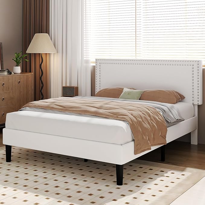 VECELO Queen Size Bed Frame with Adjustable Upholstered Headboard, Wooden Slats Platform, Noise-Free Design, Easy Assembly