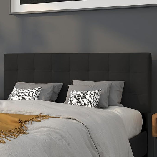 EMMA + OLIVER Quilted Tufted Upholstered Queen Size Headboard in Black Fabric