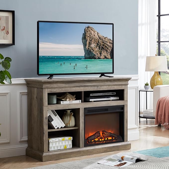 Fireplace TV Stand for TVs Up to 65 Inches, Farmhouse Entertainment Center with 23" Fireplace & LED Lights, Rustic Media Console with Sliding Barn Door and Open Shelves