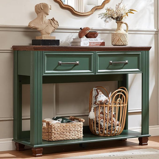 Farmhouse 46" Console Table with 2 Drawers, Rustic Wood 2 Tier Entryway Table with Open Storage Shelf for Entry, Large Mid-Century Vintage Sofa Tables Behind Couch for Living Room, Green