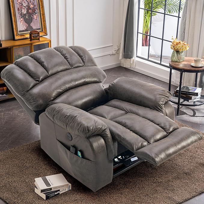 VIVIJASON Large Dual OKIN Motor Lay Flat Sleeper Lift Recliner Chair with Heat & Massage for Elderly, Infinite Position Electric Power Recliner with 2 Remote Controls, Side Pockets & USB Ports, Gray