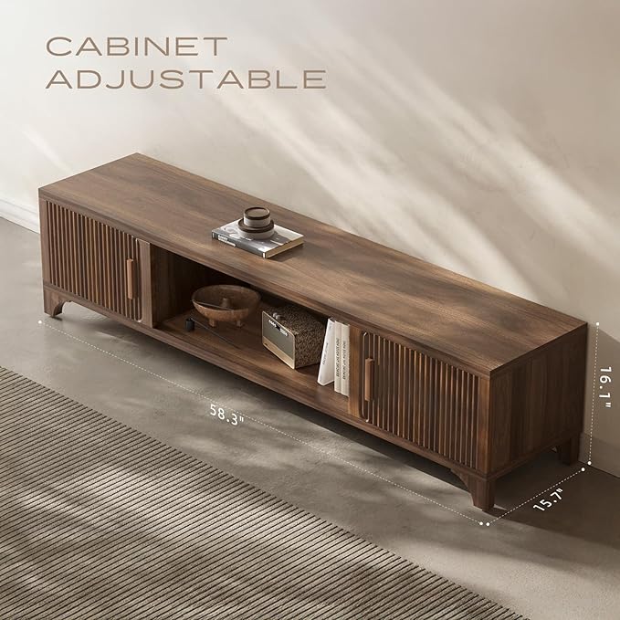 Mid Century Modern TV Stand for 70/75 Inches Television, TV Console with Fluted Doors and Storage, Entertainment Center for Living Room and Bedroom, Dark Brown