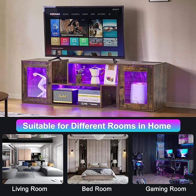 VECELO LED TV Stand for Televisions up to 70 Inchs Modern Entertainment Center with Storage, Media Console with 23 Flashing Options and 4 Customizable Modes for Living Room, Bedroom