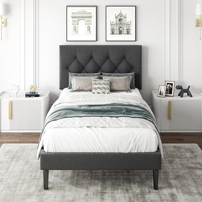 Twin Size Platform Bed Frame with Upholstered Headboard, Button Tufted Design, Strong Wooden Slats, No Box Spring Needed, Easy Assembly, Noise Free