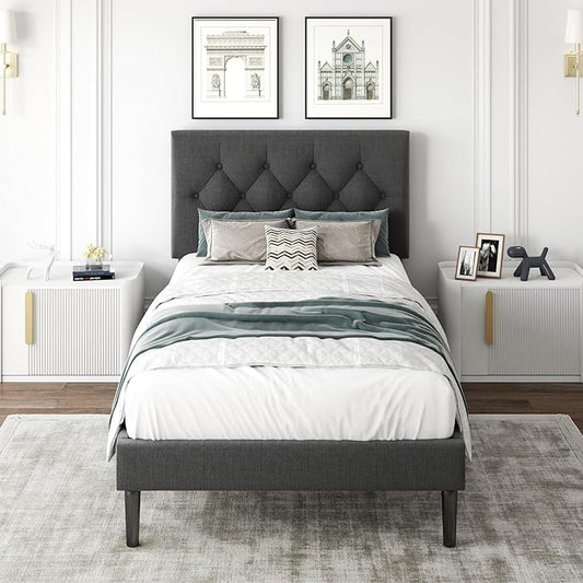 Twin Size Platform Bed Frame with Upholstered Headboard, Button Tufted Design, Strong Wooden Slats, No Box Spring Needed, Easy Assembly, Noise Free