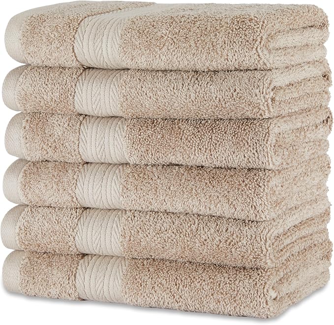 Amazon Basics Fade-Resistant 100% Cotton Hand Towel, 6 Pack, 16"x26", Taupe