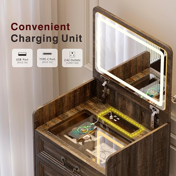 Lvifur 3 in 1 Vanity Desk with Flip Top Mirror and 3 Color Lights,Small Compact Vanity with Charging Station,Glass Top Makeup Vanity with 3 Drawers,Rolling Cushioned Stool