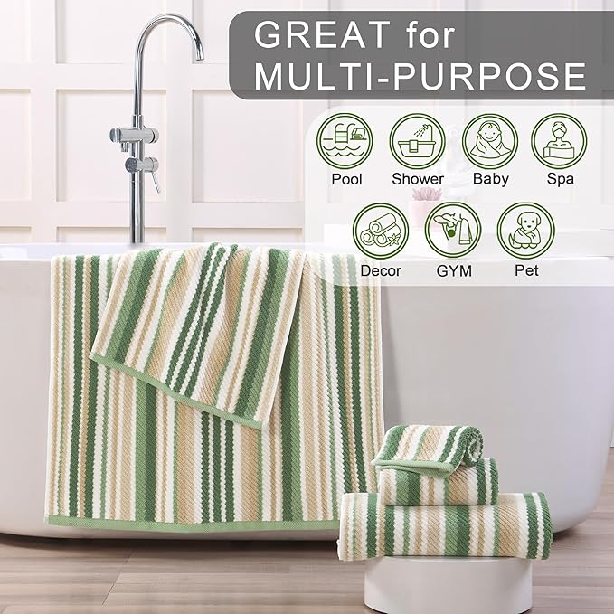 VOOVA & MOVAS Green Striped Towels - 100% Cotton, Quick Dry, Soft & Absorbent, 6PC Cotton Towels Set (Wash Cloth 13"x13"), Luxury Towel Set for Bathroom, Sage and Beige