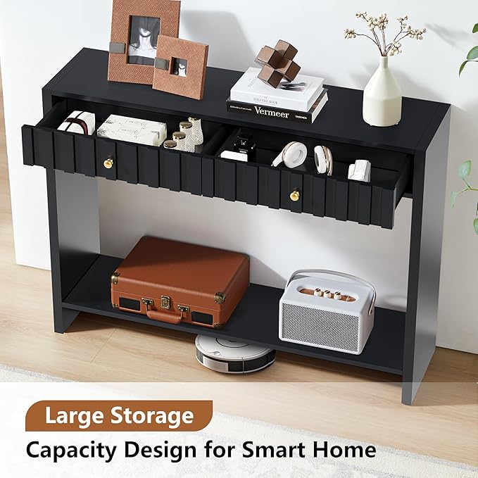 Console Table with Drawers, Narrow Mid-Century Fluted Entryway Table Sofa Table with Storage Shelf, Wood Entry Table Accent Behind Couch Table for Entrance, Hallway, Living Room (Black)