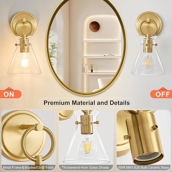 Gold Wall Sconce for Bathroom Modern Vanity Light Fixtures 1-Light Wall Mount Lighting Lamp Farmhouse Wall Lights with 6 Inch Clear Glass Shade for Bedroom Living Room Mirror Kitchen