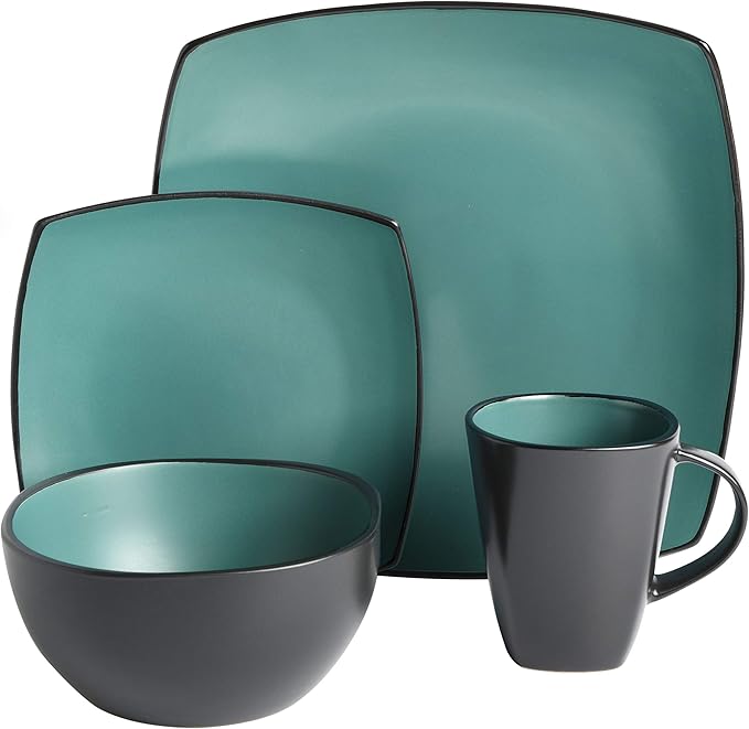 Gibson Elite Soho Lounge Square Reactive Glaze Stoneware Dinnerware Set, Service for 4 (16pc), Matte Jade