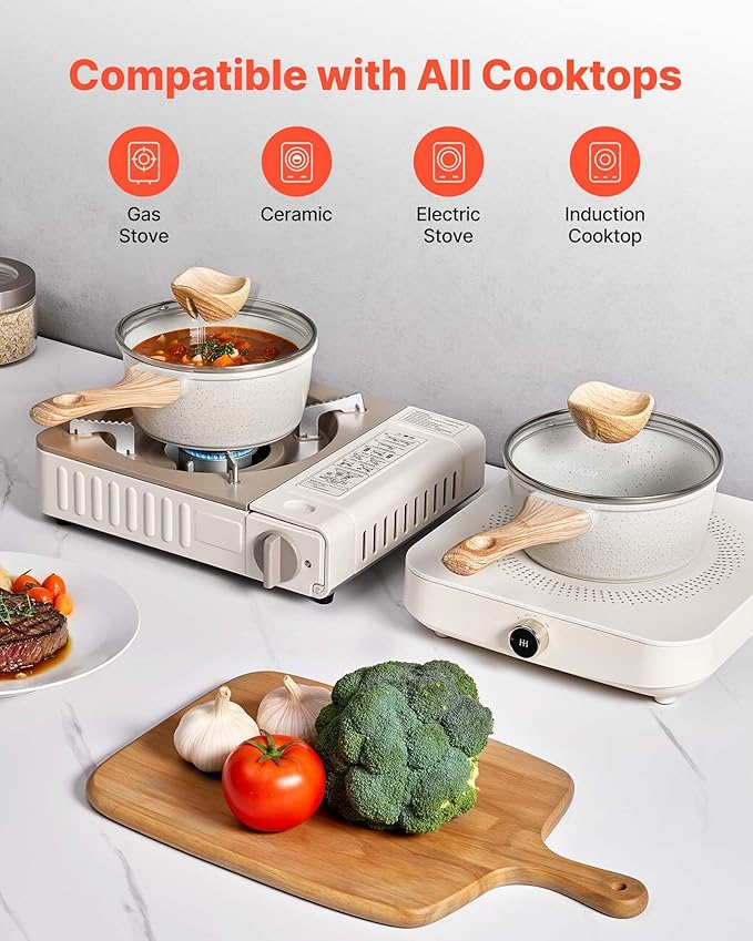 VEVOR 1.5 QT Saucepan, Nonstick Saucepan with Tempered Glass Lid, Multipurpose Cooking Sauce Pot with Detachable Handle, Sauce Pan Small Kitchen Cooking Pot with Coating, Induction Compatible, White