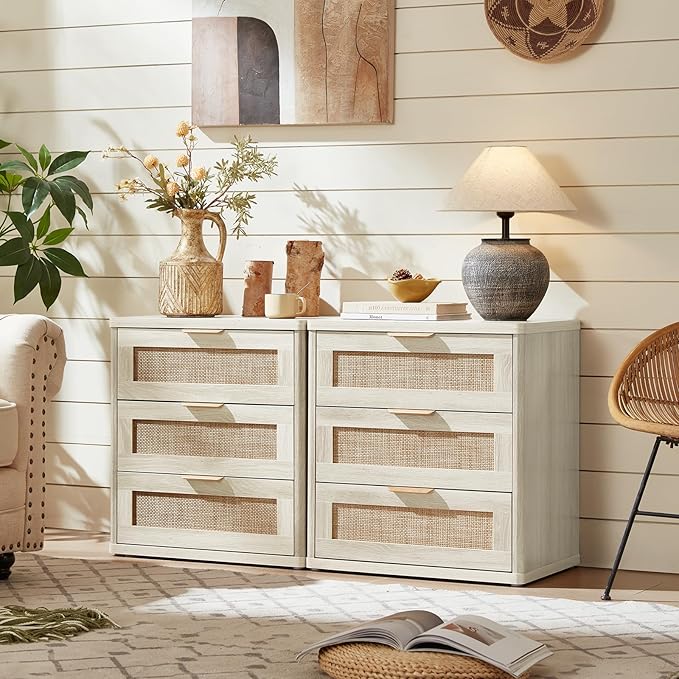 LEYAOYAO Rattan Night Stand Set 2 with Drawers, 23" Large Boho Nightstand, 3 Drawer Grey White Bedside Table Storage Cabinet, Bed Side End Tables Chest of Drawers, Living Room, Hallway, Closet