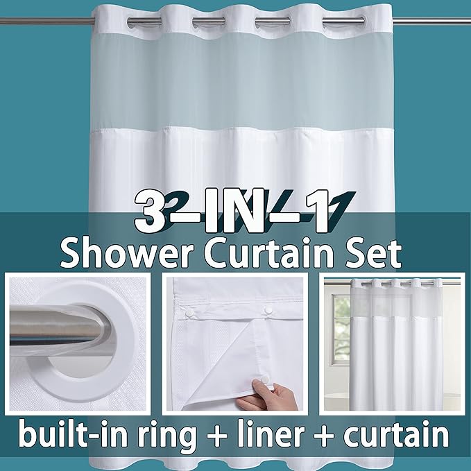 Extra Long No Hook Waffle Weave Shower Curtain with Snap in Liner Set, Hotel Luxury White Shower Curtains for Bathroom with See Through Top Window, Waterproof, Washable 71W x 84H Stripe