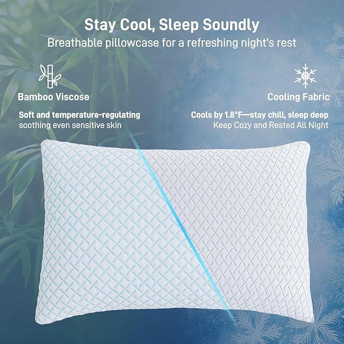 Shredded Memory Foam Cooling Medium Soft Bamboo Viscose Pillows Queen Size Set of 2, Adjustable Hypoallergenic Hotel Quality Pillows for Back, Stomach and Side Sleeper, Oeko-TEX Certified