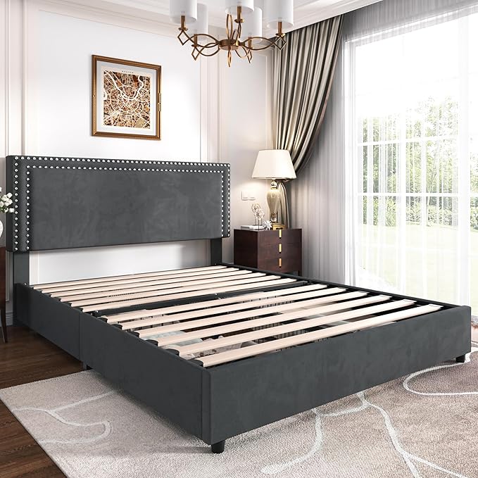 VECELO Full Size Upholstered Platform Bed Frame with 4 Storage Drawers, Adjustable Velvet Rivet Decor Headboard, Wooden Slats Support, No Box Spring Needed, Easy Assembly