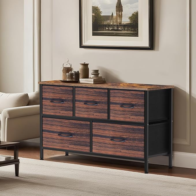 Dresser for Bedroom with 5 Drawers, Chest of Drawers, Storage Drawers Organizer Unit, Black Wide Fabric Dresser with Fabric Bins for Closet, Living Room, Bedroom (Brown and Rustic Brown)