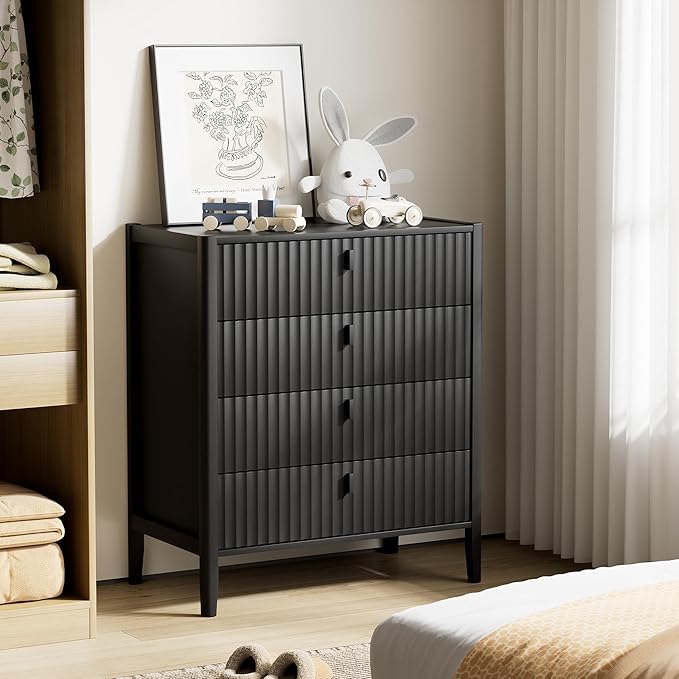 Black 4 Drawer Dresser, 31.5" Wide White Modern Dresser with Fluted Front & Metal Handles for Bedroom, Living Room