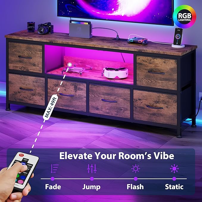 Lulive TV Stand for Living Room, LED Rustic Brown Dresser for Bedroom with 6 Fabric Drawers,43 55 60in TV Stand with Power Outlet, Entertainment Center with Open Shelf