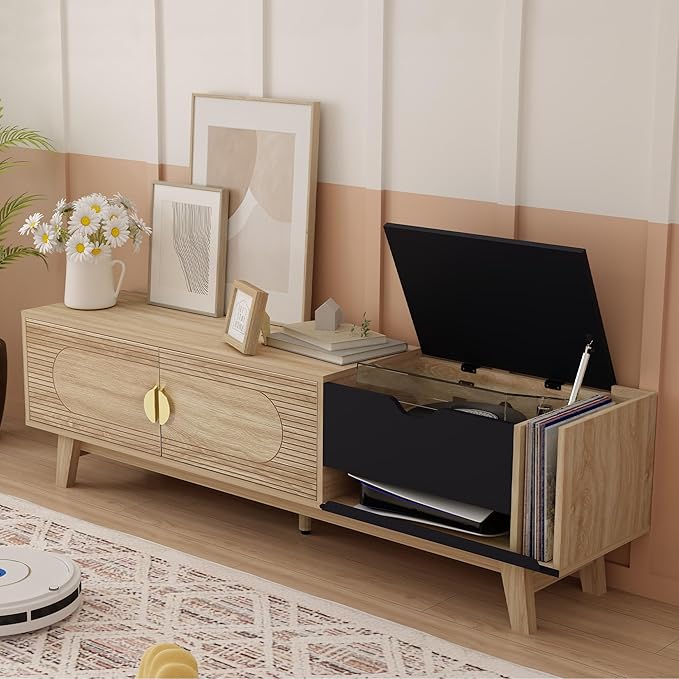 Modern TV Stand for TVs up to 70 Inch, Wood Entertainment Center with CD Storage Cabinet, TV Console Table with 2 Doors and Power Outlets, for Living Room (Natural & Black, 63inch)