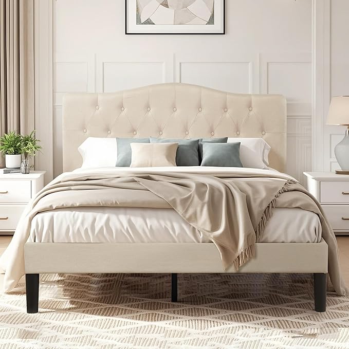 VECELO Queen Size Platform Bed Frame with Fabric Upholstered Headboard and Wooden Slats Support, No Box Spring Needed/Easy Assembly,Beige