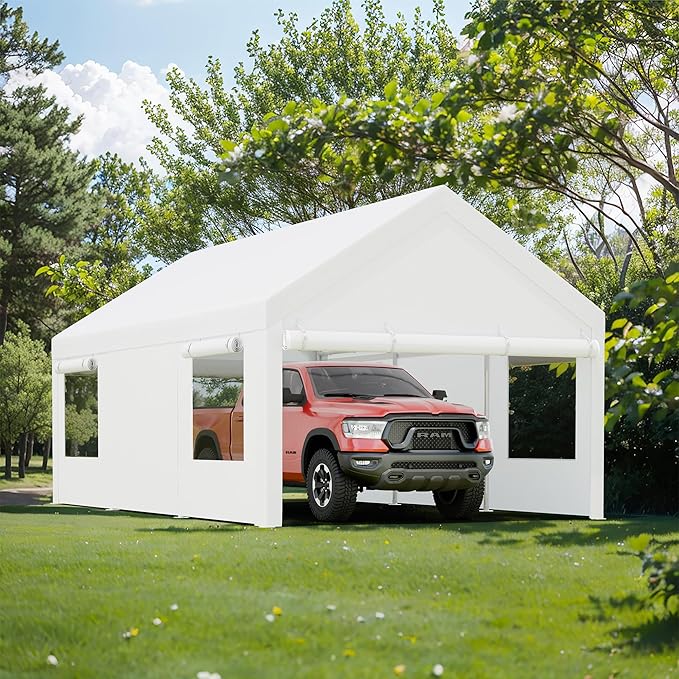 JY QAQA Carport, 12x20 FT Heavy Duty Carport Reinforced Steel Poles with Removable Sidewalls & Doors,Roll-up Windows Car Canopy with Sandbags and All-Season Tarp for Car Boat Truck Motorcycle/White